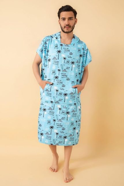 Beach Vibes Desen Yetişkin Sörf Yazlık Panço Kapüşonlu Plaj Havlusu Plaj Elbisesi Turkuaz L