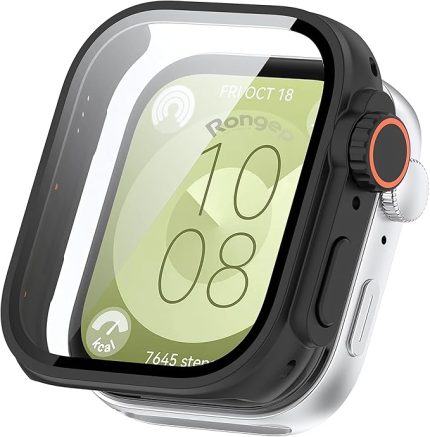 Huawei Watch Fit 3 için Kasa Dönüştürücü Kılıf Yeni Nesil Görünüm Veren PC + Temperli Ekran Koruyuculu Dokunmatiği Etkilemeyen Sert Materyalli Kasa Koruyucu Fit 3 Kılıfı (Siyah)