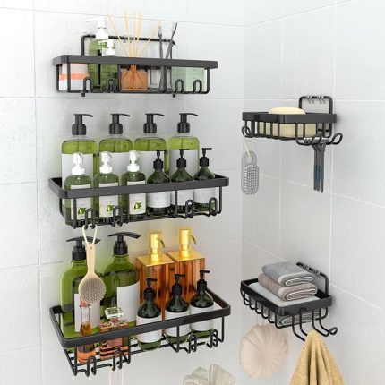 Delmeden duş rafı, 5'li set, sabunluklu, banyo rafı, siyah