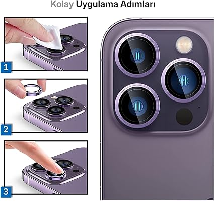 iPhone 15 Pro - 15 Pro Max / 14Pro - 14ProMax Modellerinin Tümüne Uyumlu Alüminyum Alaşım Çerçeveli ve 9H Sertliğinde Temperli Camlı Lens Koruyucu (Mor) - Görsel 5