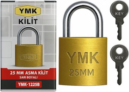 YMK Asma Kilit, Sağlam Döküm Gövdeli, Yedek Anahtarlı, Yüksek Güvenlikli, Paslanmaz Çelik Kulplu, Korozyon Dirençli, Kapı, Depo, Dolap ve Bahçe Kilidi (Kısa, Sarı, 25 mm)