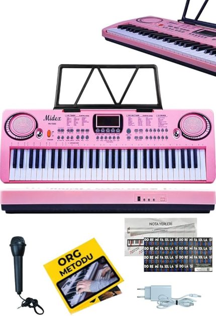 PS-1500PK-H Başlangıç İçin Pembe 61 Tuşlu Org Kulaklık Notalık Adaptör Mikrofon (100 Ses 100 Ritim)
