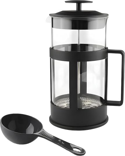 350 ml Cam French Press + Ölçü Kaşığı – Isıya Dayanıklı Cam, Paslanmaz Çelik Filtreli, Siyah Renkli Kahve ve Bitki Çayı Demliği