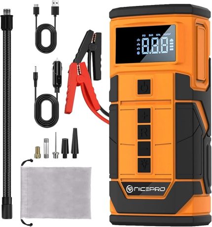 A5577 Kablolu/Kablosuz 8000mAh Şarjlı Taşınabilir Araç Akü Takviyeli, Powerbank Destekli Reflektör Ledli 5in1 Oto Hava Pompası