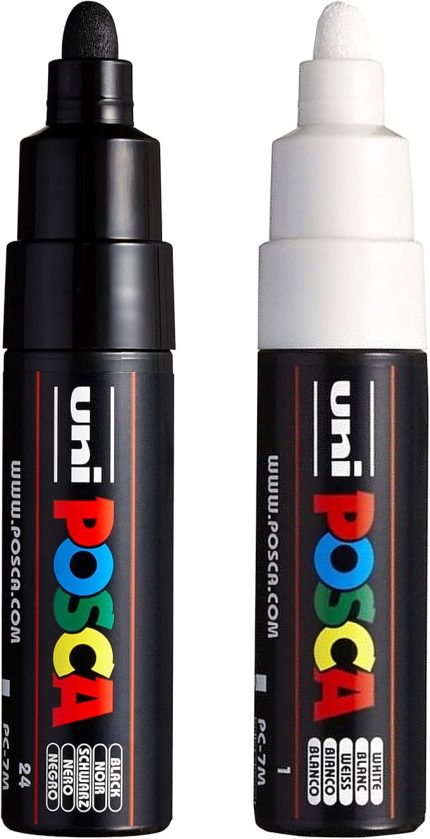 Uni PC-7M Marker Sanat Kalemi - Büyük Kurşun Ucu - 4,5-5,5 mm Uç - [2'li Paket] - Siyah ve Beyaz