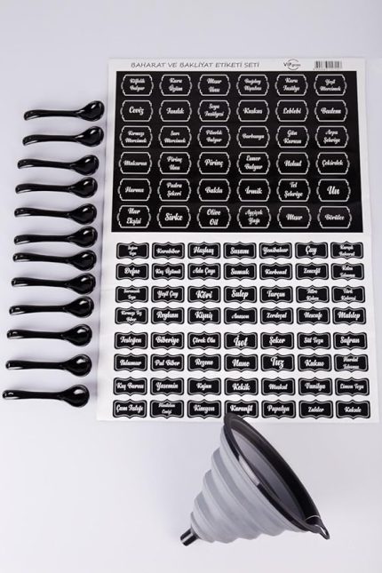 15 Parça Baharat - Bakliyat Kavanoz Etiketi - Doldurma Hunisi Ve Kaşık Seti - M1 Tek Ebat