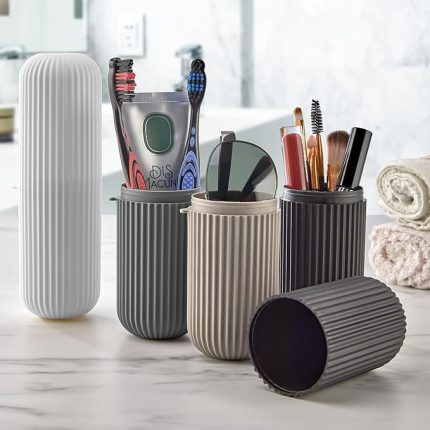 Fonksiyonlu Banyo Düzenleyici Set, Diş Fırçası, Makyaj Fırçası ve Gözlük Organizeri, Çizgili Tasarım, 4 Renk