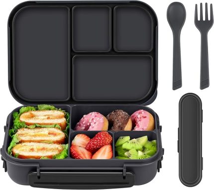 Lunch Box for Kids,Bento Box çocuk beslenme kutusu,Yetişkin Öğle Yemeği Kutusu,1200ML-4 Bölmeli Sosluklu ve Çatal Bıçaklı Öğle yemeği kapları,Mikrodalga Bulaşık Makinesi (Koyu gri)