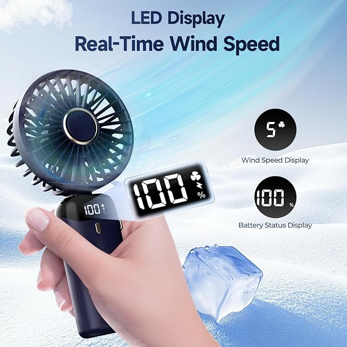 USB Vantilatör, 4200mAh Şarjlı El Tipi Fan, LED Ekranlı, 3'ü 1 Arada El/Boyun/Masa Fanı, Yaz, Ofis, Seyahat için, Kadınlar, Kızlar ve Çocuklara Hediye (Lacivert) - Görsel 4