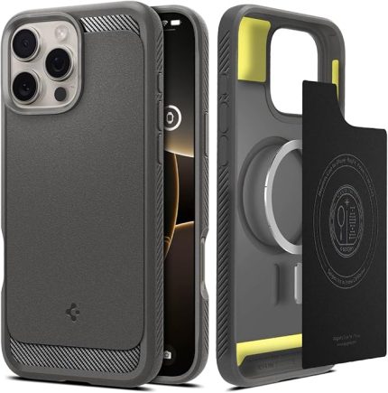 iPhone 16 Pro Max ile Uyumlu MagSafe Kılıf Rugged Armor Mag Fit Üst Düzey Koruma Gri Karbon Kapak - ACS07987 (Spigen TR Garantili)