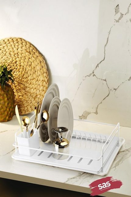 Boyu Paslanmaz Bulaşıklık Bulaşık Sepeti Tek Katlı Tabaklık Termo Plastik Kaplama Beyaz TBK-01