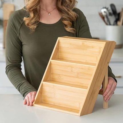 Bambu 3 Katlı Katlanabilir Baharat Standı | Çekmece İçi Kullanıma Uygun Baharatlar İçin Organizer (Kavonozlar ve Aksesuarlar Dahil Değildir)