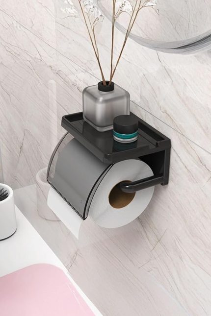 HOME Yapışkanlı Kapaklı Tuvalet Kağıdı Askısı Banyo Tuvalet Kağıtlığı Aparatı Peçetelik Organizer Plastik, Siyah