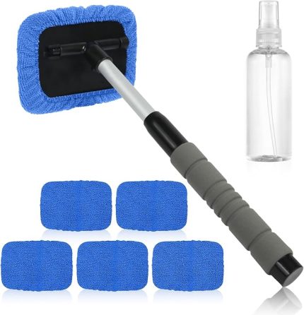 6 Adet Araba Ön Cam Temizleyici, 5 Yeniden Kullanılabilir Mikrofiber Pedli Araç Camı Temizleyici Seti, 1 Sprey Şişesi, Uzatılabilir Uzun Saplı, Cam Temizleme Aleti, Oto Cam Sileceği Ofis Ev