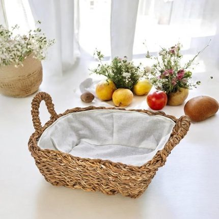El Yapımı Doğal Hasır Kulplu Çok Amaçlı Dekoratif Kare Sepet, Hasır Kulplu Ekmek Sepeti (25x25x8 cm)