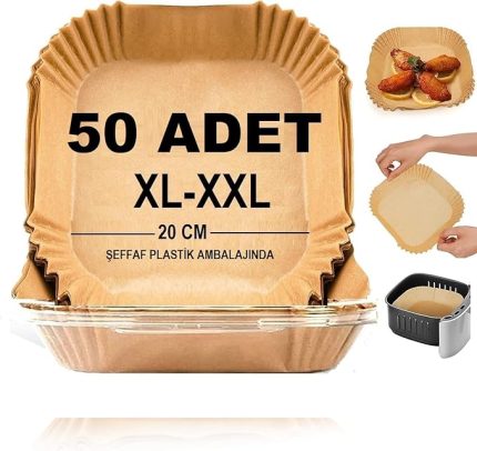 Home Airfryer Pişirme Kağıdı,Xl-Xxl Büyük Boy, Kare, 50 Adet Hava Fritöz Parşömen Fırın Kağıdı Tek Kullanımlık Kağıt Fırın Fritöz Pişirme Kızartma Tavası Için Uygun 20CM