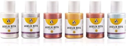 Akrilik Boya Seti, 6’lı, 25 ml, Metalik Renkler, Yoğun Pigmentli, Su ile İnceltirilebilir, Çok Yüzeyli Kullanım