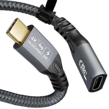 Thunderbolt 4 Erkek - Fmale Kablo Uzatma 2,0 m, 240 W Şarj, 20 Gbps Veri Aktarımı, MacBook Pro, Dell, Arzopa, Galaxy, USB C için 4K USB C 3.2 Gen2×2 Monitör Kablosu, Taşınabilir Monitör