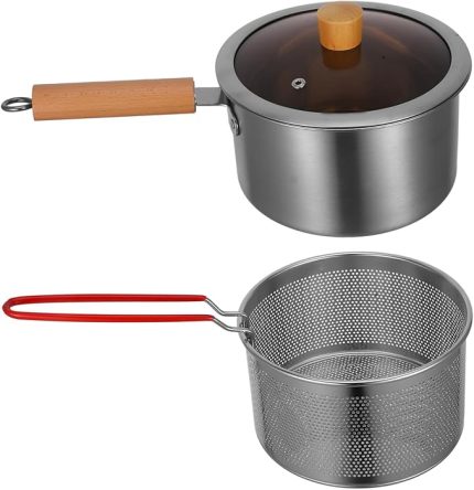 Ergonomik Saplı Derin Kızartma Tencere Paslanmaz Çelik Kızartma Tavası Sepetli Çok Yönlü Pişirme Tencere Yemek Pişirme Seti