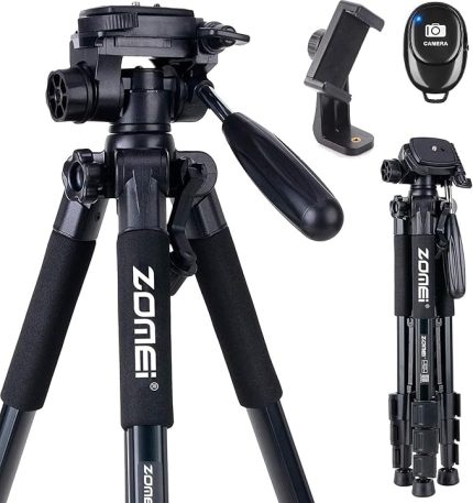 Zomei Q111 Kamera Tripodu Cep Telefonu Tutuculu + Uzaktan Kumanda, Alüminyum Alaşım Hafif Kamera Ayaklı Tripod 3 Yönlü Döner Başlık Hızlı Değiştirme Plakası ve Çanta 47 – 140 cm Siyah Renk