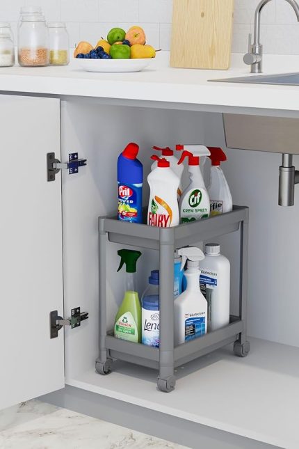 2 Katlı Tekerlekli Düzenleyici Raf, Banyo Dolabı, Mutfak Tezgah ve Evye Altı