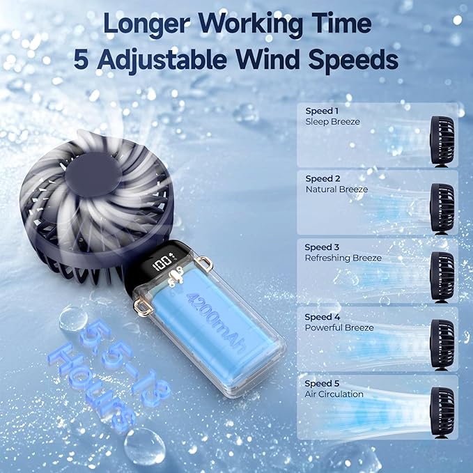 USB Vantilatör, 4200mAh Şarjlı El Tipi Fan, LED Ekranlı, 3'ü 1 Arada El/Boyun/Masa Fanı, Yaz, Ofis, Seyahat için, Kadınlar, Kızlar ve Çocuklara Hediye (Lacivert) - Görsel 2