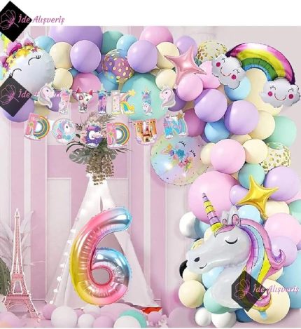 6 Yaş Karakterli Unicorn Temalı Iyi Ki Doğdun Makaron Balon Doğum Günü Parti Kutlama Seti bmcNM347