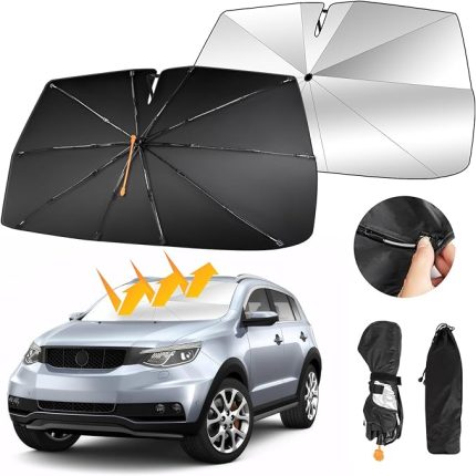 Ön cam için araç güneşliği, 360° döndürülebilir, katlanabilir, araç güneşliği, yay katlamalı şemsiye kuyruğu, ön cam için güneş koruması için uygundur, UV koruması, 150 x 82 cm (59 x 32 inç)