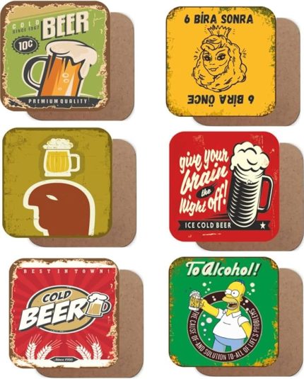 Temalı 6Lı Retro Ahşap Bardak Altlığı Seti