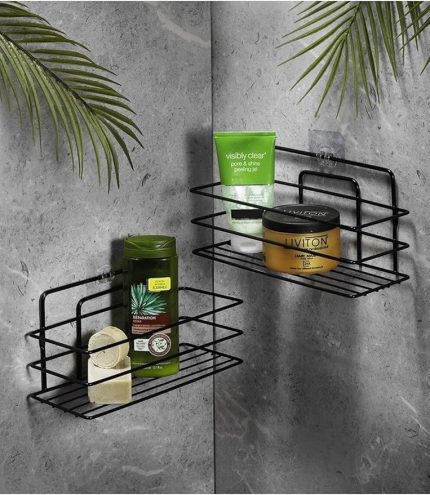 Boyu Paslanmaz Yapışkanlı Banyo Düzenleyici Şampuanlık Duş Rafı 2 Adet Siyah Tş-01