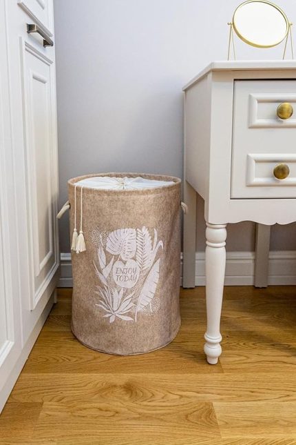 Keçe Torbalı Yuvarlak Çamaşır Sepeti, Düzenleyici Organizer, Krem Renk, 50x35cm