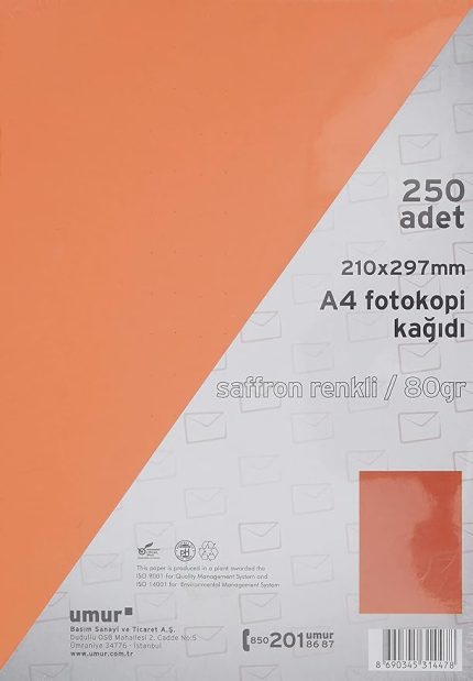 A4 Renkli Fotokopi Kağıdı, Saffron, 250 Yaprak