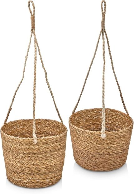 2'li Asılabilir El Yapımı ve Doğal Yuvarlak Hasır Saksılık Seti, 2'li İpli Asılabilir Hasır Yuvarlak Saksı Seti (23cm*18cm-20cm*15cm)