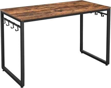 Bilgisayar Masası, 8 Kancalı Ofis Masası, 120 x 60 x 75 cm, Metal, Endüstriyel Tasarım, Vintage Kahverengi - Siyah LWD58X