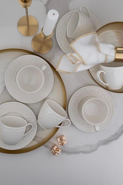 Porselen Silvia 12 Parça 6 Kişilik Çay Takımı Krem