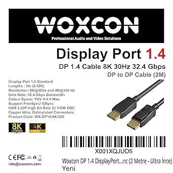 DP 1.4 DisplayPort Kablo 32.40 Gbps Bandwith HBR3 8K 30Hz, 4K 120Hz, 4K 60Hz, 2K 240Hz, 2K 165Hz, 1080p 240Hz Destekli HDR, FreeSync, G-Sync (2 Metre) - Görsel 2