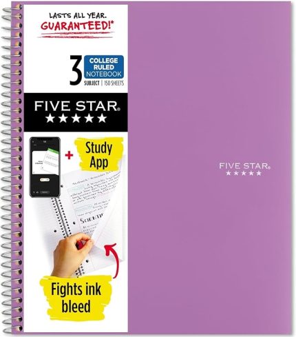 Star Spiral Notebook, 3 Subject, College Ruled Paper, 150 Sayfa, 11" x 8-1/2, Mor (38746)