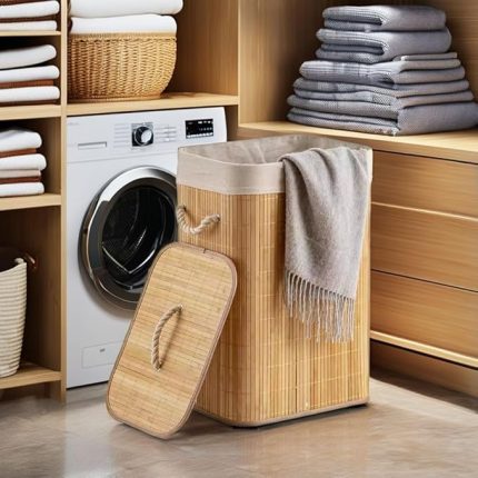 El Yapımı Hasır Katlanır Çamaşır Sepeti Dikdörtgen 72 Litre (40cm*30cm*61cm), Doğal Malzemeden Üretilmiş Çamaşırlık, Bambu Kirli Çamaşır Sepeti