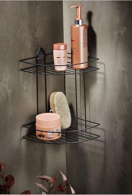 Boyu Paslanmaz Yapışkanlı Banyo Köşeliği Düzenleyici Şampuanlık Duş Rafı Siyah Ek-02