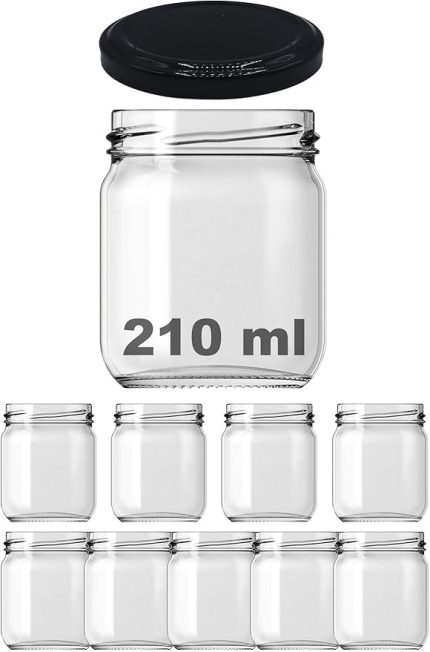 210 ml Siyah Metal Kapaklı Şeffaf Cam Kavanoz 9 Adet