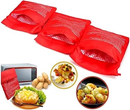 3 PCS Potato Microwave Pouch Potato Express Pouch Washable Reusable Microwave Potato Bag Potato Express Bag Perfect Potatoes Only in 4 Minutes(Red)