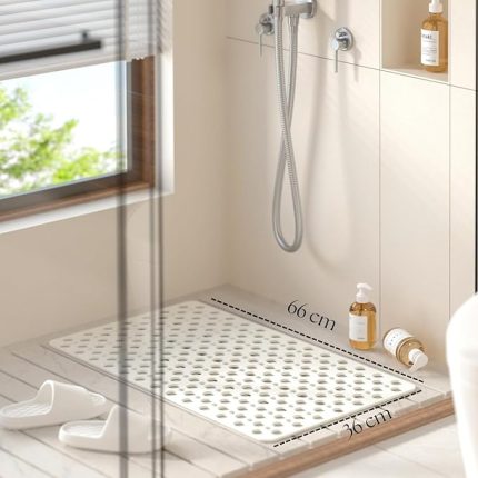 | Kaymaz Banyo Paspası | Beyaz | 66x36cm – Dikdörtgen Duş Matı, Küvet Paspası | Güçlü Vantuzlu, Su Tahliyeli, Yumuşak | Makinede Yıkanabilir | Kaydırmaz Zemin Matı