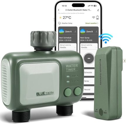 Bahçe için 2 Çıkışlı Akıllı Yağmurlama Zamanlayıcı, WIFI Hublı Hortum Sulama Zamanlayıcısı, Kablosuz Uzaktan APP Kontrolü Sulama Sistemi, Bahçe Çim Sulama için Su Akış Ölçer