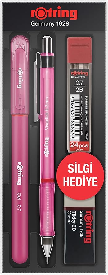 Visuclick Jel Okul Seti 0,7 mm, Mekanik Kurşun Kalem, Uç ve Silgi Seti, Pembe