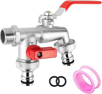 ‎ bahçe musluğu, çift çıkış musluğu, 1/2 inç ve 3/4 inç küresel vana, pirinçten çift musluk, 2 x ücretsiz hortum bağlantılı, 1 x rulo sızdırmazlık bandı, çift bağlantı ve hortum başlığı (kırmızı)