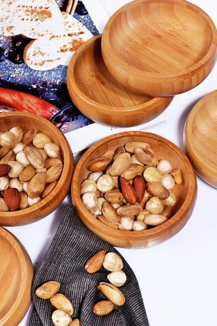 4'lü Yuvarlak Bambu Çerezlik - Doğal Bambu Sunum Kasesi, Zeytinlik ve Kahvaltı Sunumluğu | Çok Amaçlı Dayanıklı ve Şık Tasarım