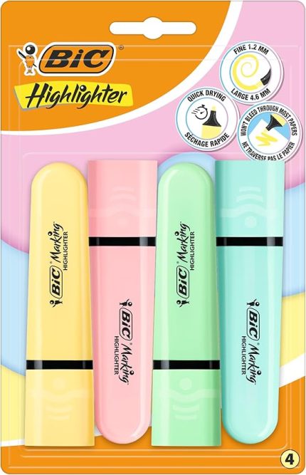 Marking Flat Higlighter Pastel Fosforlu Kalem 4'lü Blister, 4 Pastel Renk (Sarı, Mavi, Pembe, Yeşil), Su Bazlı, Hızlı Kuruyan Mürekkep