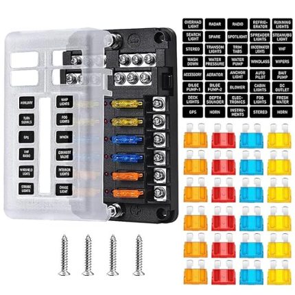 Sigorta kutusu seti, 12 devre ve neme dayanıklı plaka, LED uyarı göstergesi, denizcilik, araba, karavan, kamyon için, DC 12 – 24 V (24 sigorta ve çıkartma teslimat kapsamına dahildir)