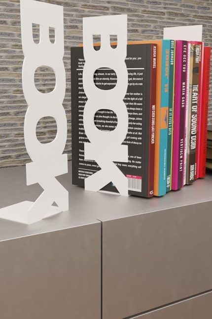 Dekoratif Beyaz Dikey Book Yazı Tasarımlı Metal Kitap Tutucu(İkili Set) MK11B