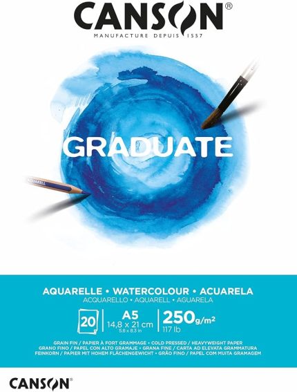 Mezun Suluboya 250 gsm A5 Kağıt, Soğuk Preslenmiş, Tampon Yapıştırılmış Kısa Taraf, 20 Doğal Beyaz Çarşaf, Öğrenci Sanatçılar için İdeal